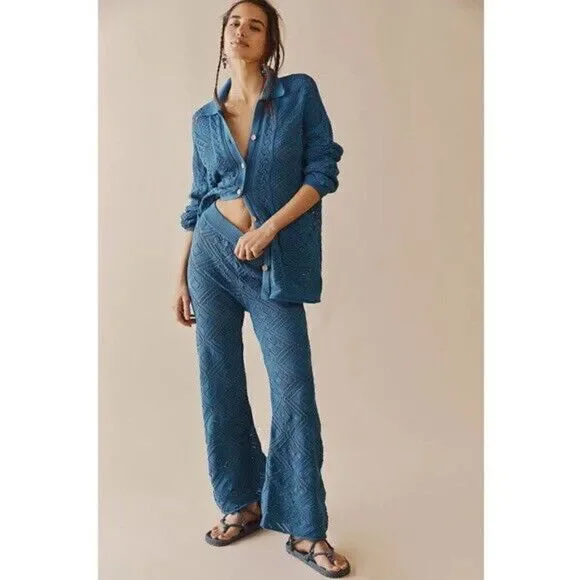 NWT FREE PEOPLE BEACH Sz M GET AWAY FAUXCHET SET CARDI & PANT SET PEACOCK PLUME - Picture 2 of 3